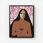 affiche abstraite femme tenant un verre de vin fond rose texte take your time to avec cadre.webp