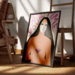 affiche abstraite femme tenant un verre de vin fond rose texte take your time to encadre.webp