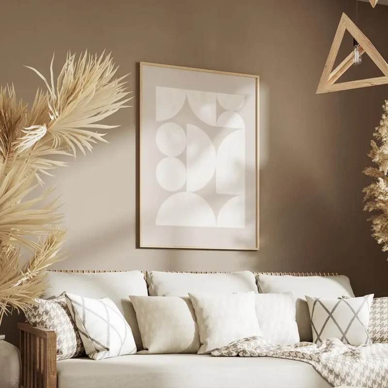 affiche abstraite geometrique avec des formes blanches et beiges salon.webp