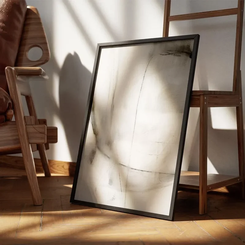 affiche abstraite gris blanc avec des coups de pinceau visibles et des lignes no encadre.webp