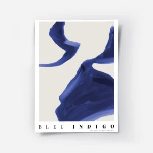 affiche abstraite indigo no2 avec des formes bleues sur un fond beige et du text.webp