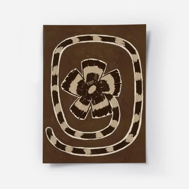 affiche abstraite marron avec un motif floral stylise et une spirale rayee beige.webp