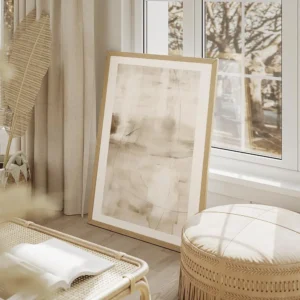 affiche abstraite minimaliste aux tons beiges et bruns avec des lignes de crayon salon beige.webp