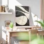 affiche abstraite minimaliste avec des formes courbes beiges sur fond noir textu bureau.webp