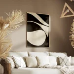 affiche abstraite minimaliste avec des formes courbes beiges sur fond noir textu salon.webp