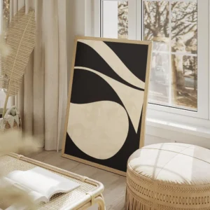 affiche abstraite minimaliste avec des formes courbes beiges sur fond noir textu salon beige.webp