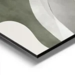 affiche abstraite aux formes vertes et beiges avec des lignes blanches et une te aluminium.webp
