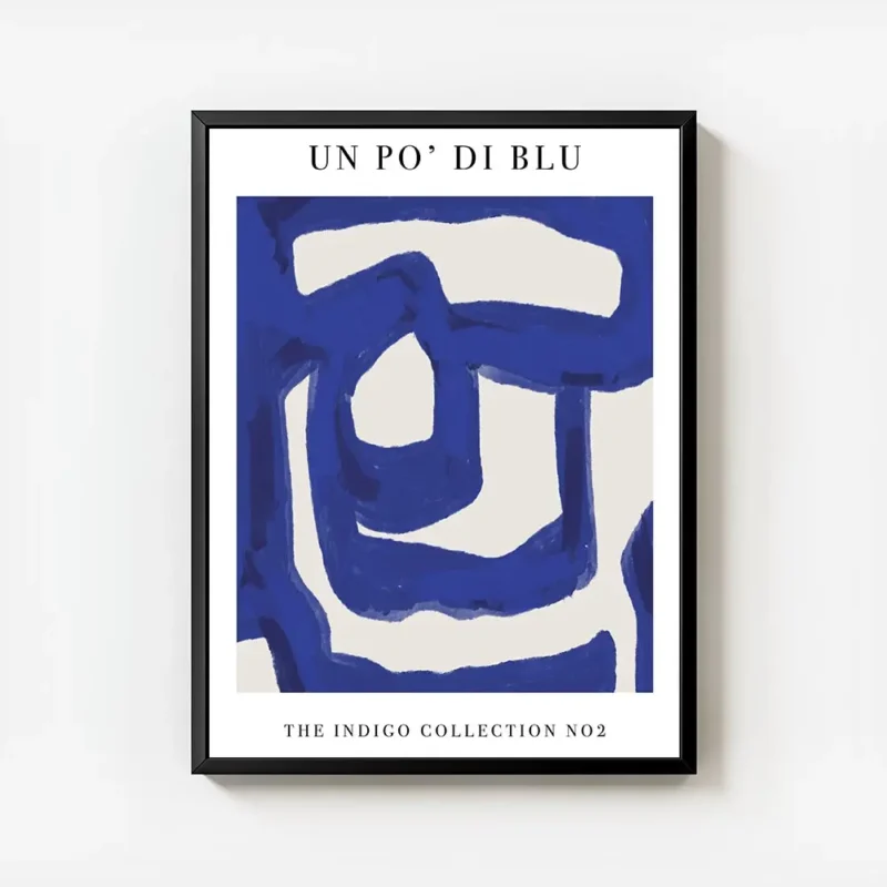 affiche abstraite aux lignes bleues sur fond beige typographie noire en haut et avec cadre.webp
