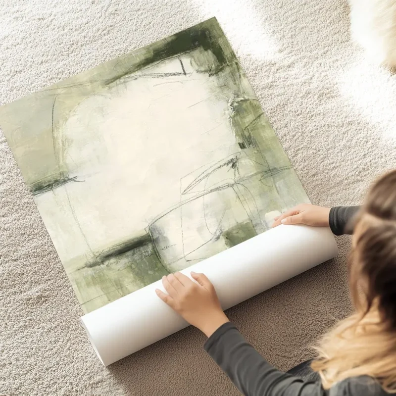 affiche abstraite aux teintes naturelles de vert olive beige et blanc avec des f au sol.webp
