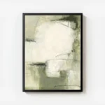 affiche abstraite aux teintes naturelles de vert olive beige et blanc avec des f avec cadre.webp