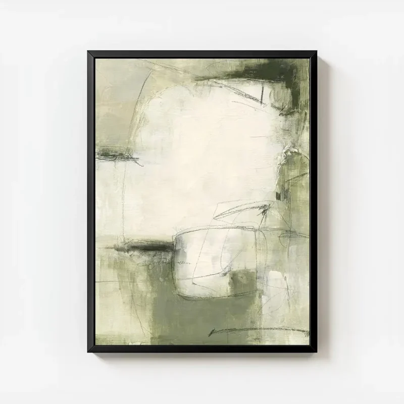 affiche abstraite aux teintes naturelles de vert olive beige et blanc avec des f avec cadre.webp