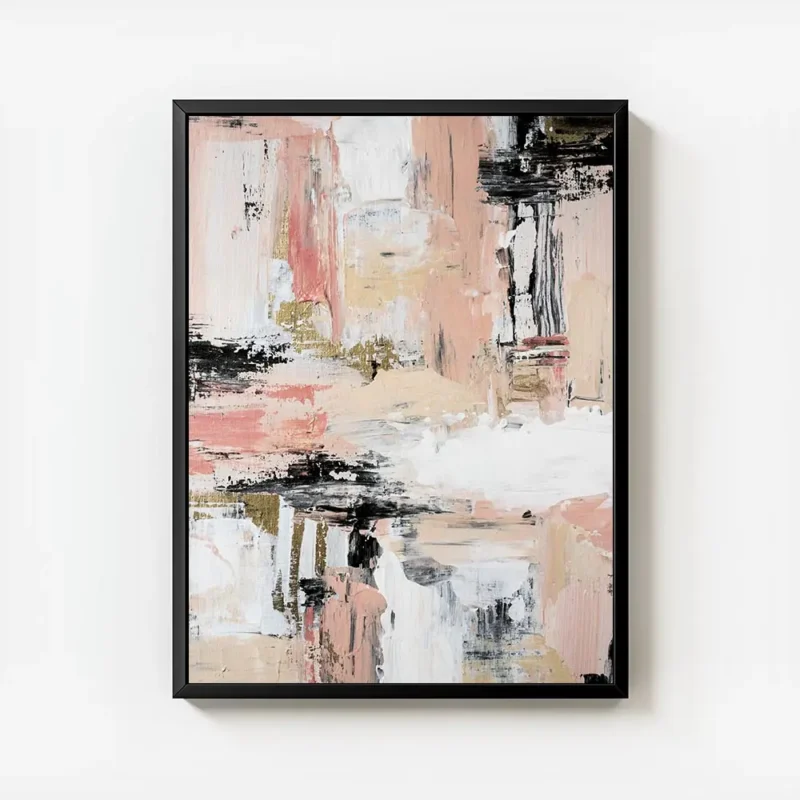 affiche abstraite aux teintes rose beige blanc et noir avec des touches dorees t avec cadre.webp