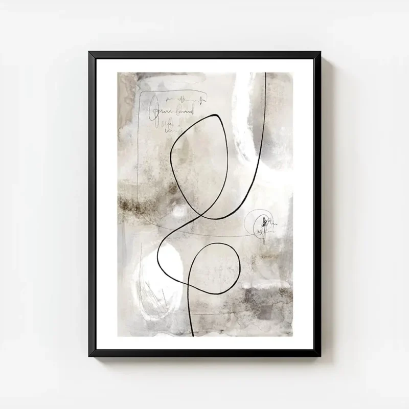 affiche abstraite aux tons gris beige avec des lignes noires et blanches et des avec cadre.webp