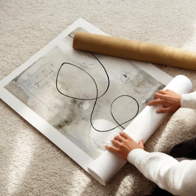 affiche abstraite aux tons gris beige avec des lignes noires et blanches et des enroule.webp
