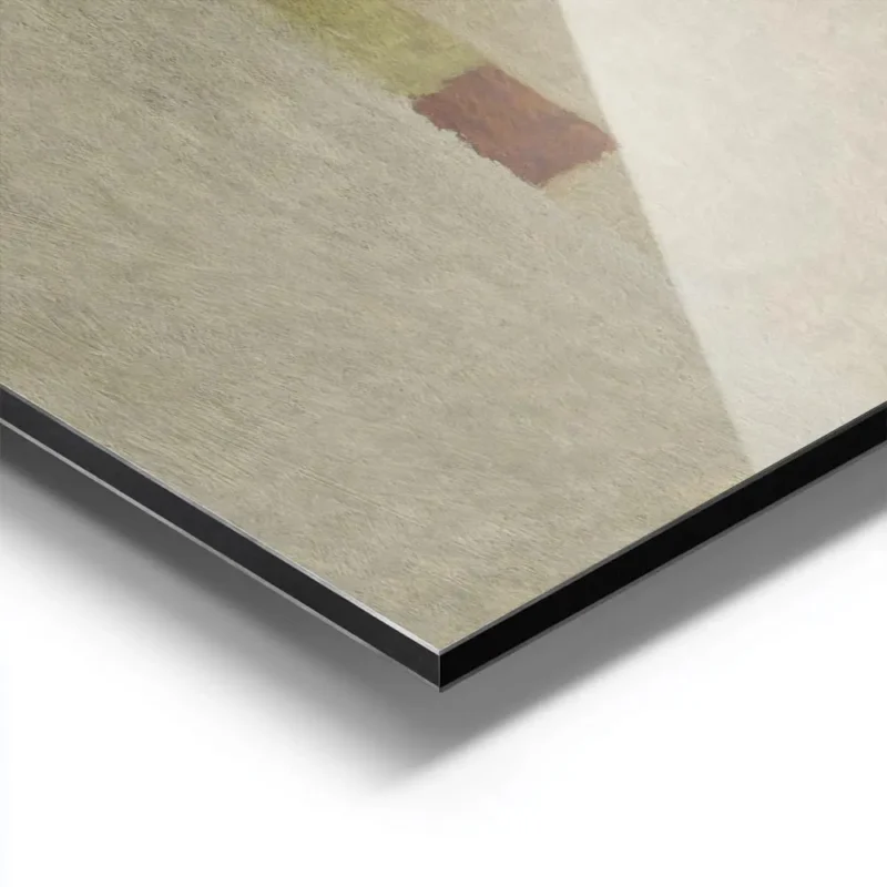 affiche abstraite aux tons neutres beige gris et vert olive avec un carre rouill aluminium.webp