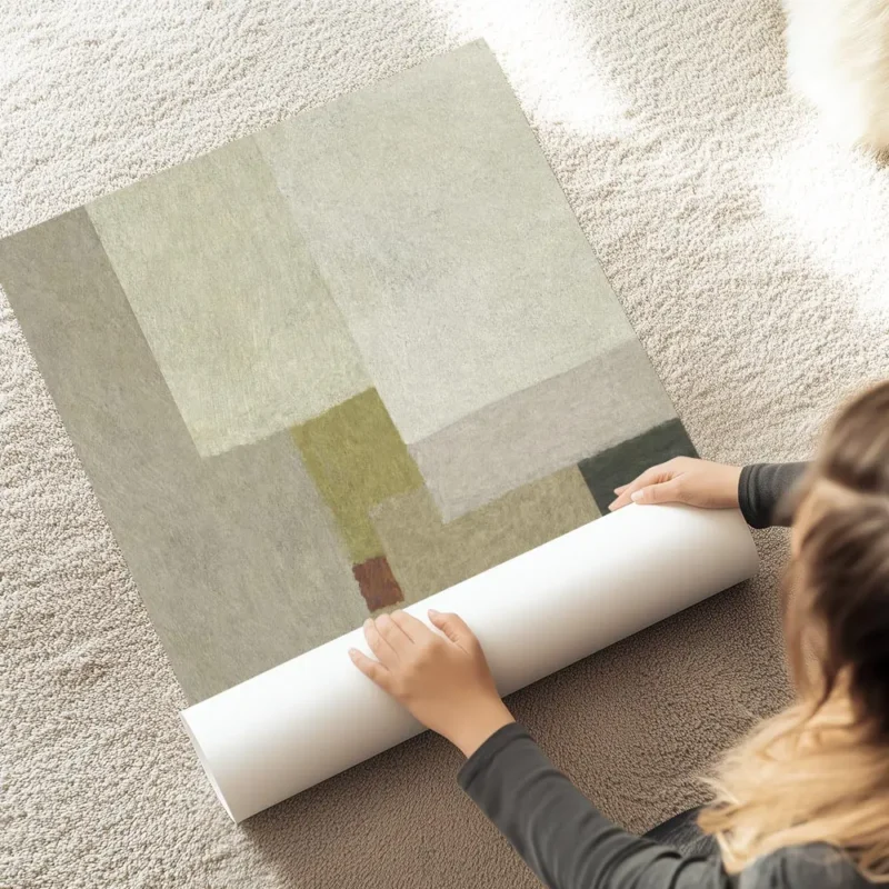 affiche abstraite aux tons neutres beige gris et vert olive avec un carre rouill au sol.webp