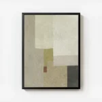 affiche abstraite aux tons neutres beige gris et vert olive avec un carre rouill avec cadre.webp