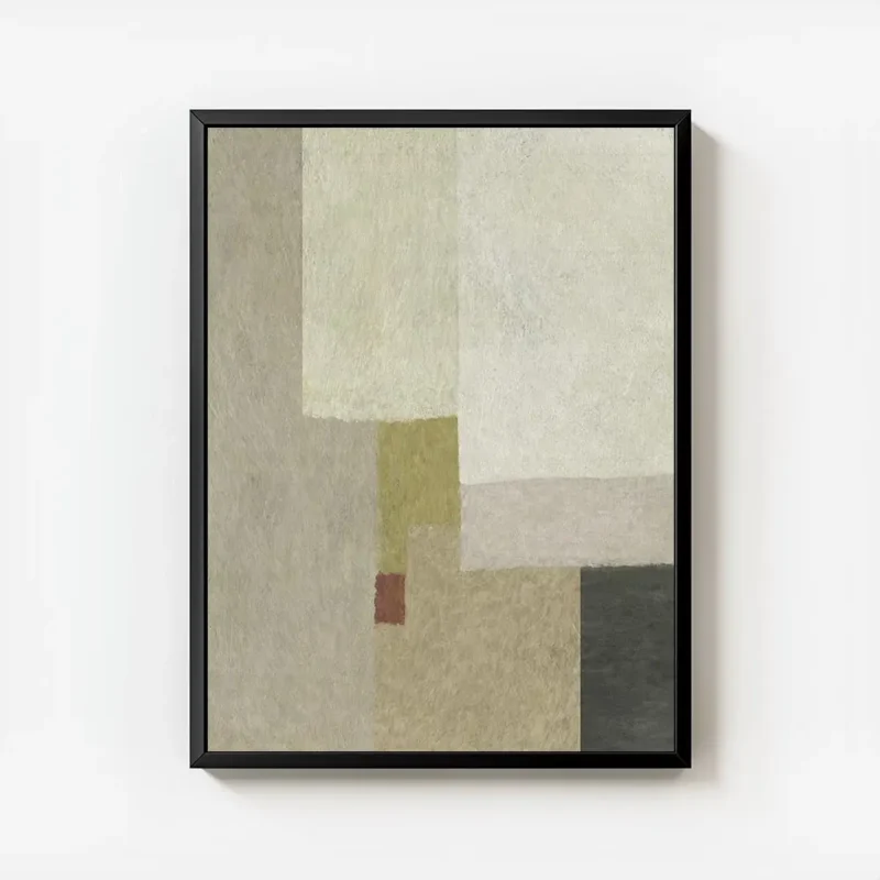 affiche abstraite aux tons neutres beige gris et vert olive avec un carre rouill avec cadre.webp