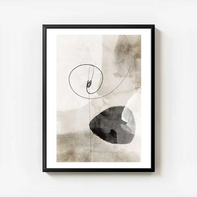 affiche abstraite aux tons neutres lignes noires minimalistes et formes abstrait avec cadre.webp