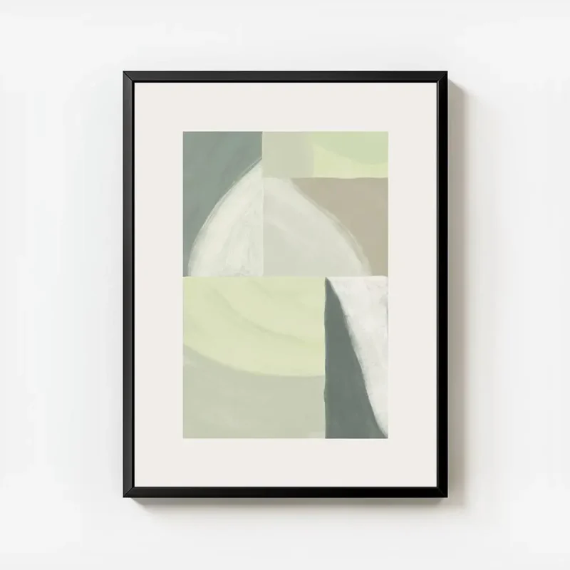 affiche abstraite aux tons verts apaisants motifs geometriques et coups de pince avec cadre.webp