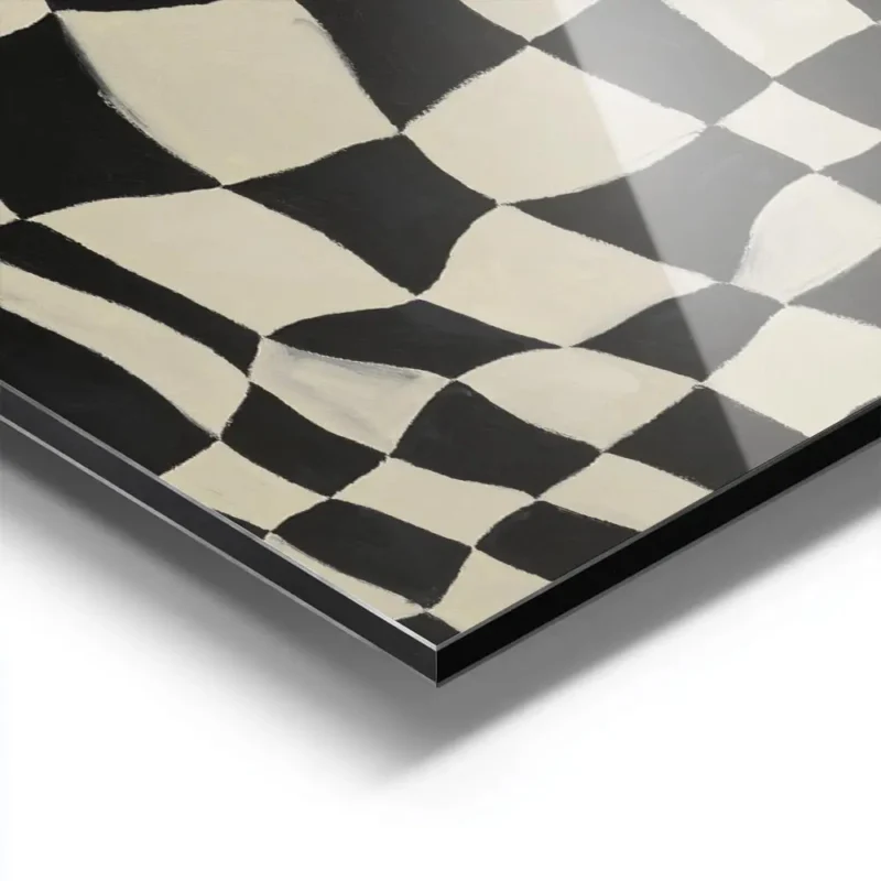 affiche abstraite avec des carreaux noirs et blancs ondules creant un motif dami aluminium.webp