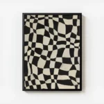 affiche abstraite avec des carreaux noirs et blancs ondules creant un motif dami avec cadre.webp