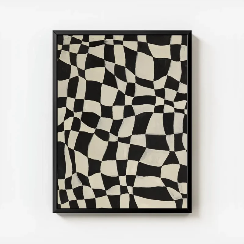 affiche abstraite avec des carreaux noirs et blancs ondules creant un motif dami avec cadre.webp