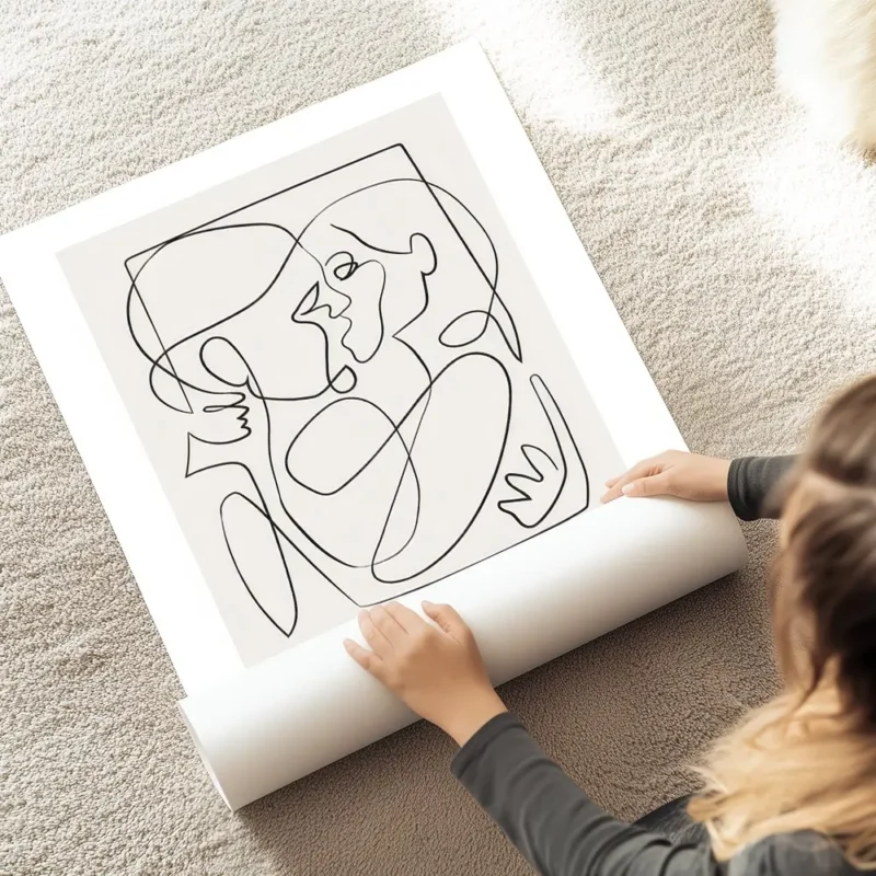 affiche abstraite avec des figures humaines stylisees en une seule ligne noire c au sol.webp