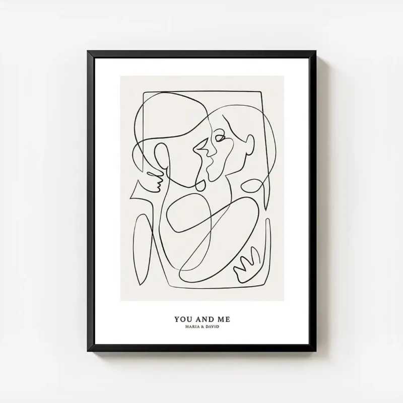 affiche abstraite avec des figures humaines stylisees en une seule ligne noire c avec cadre.webp