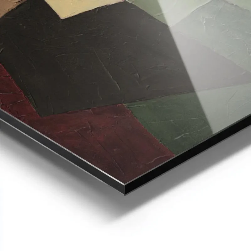 affiche abstraite avec des formes geometriques beige vert marron et gris sur un aluminium.webp