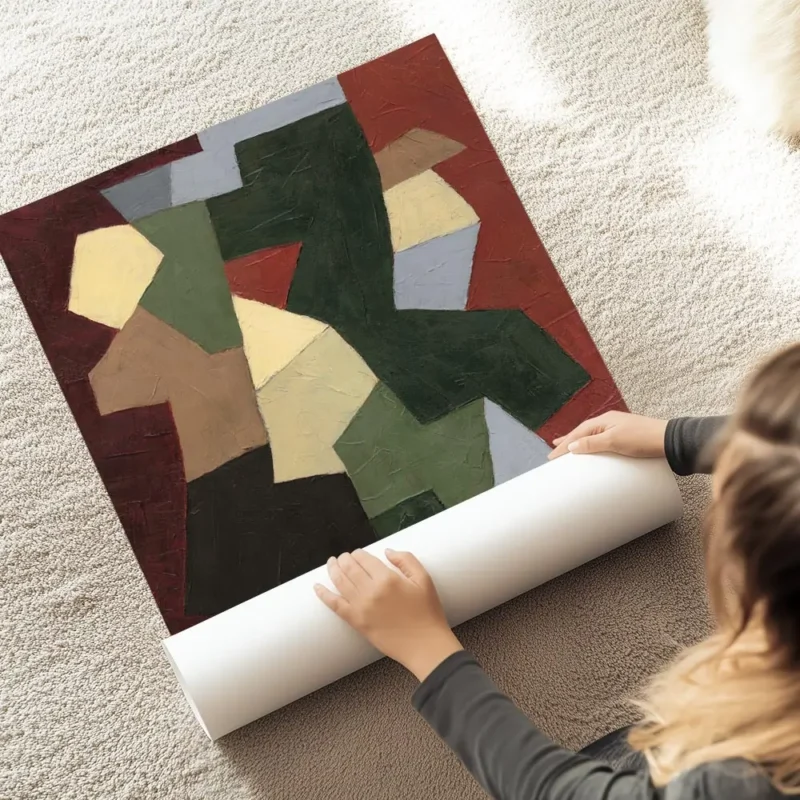 affiche abstraite avec des formes geometriques beige vert marron et gris sur un au sol.webp