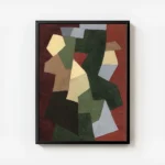 affiche abstraite avec des formes geometriques beige vert marron et gris sur un avec cadre.webp