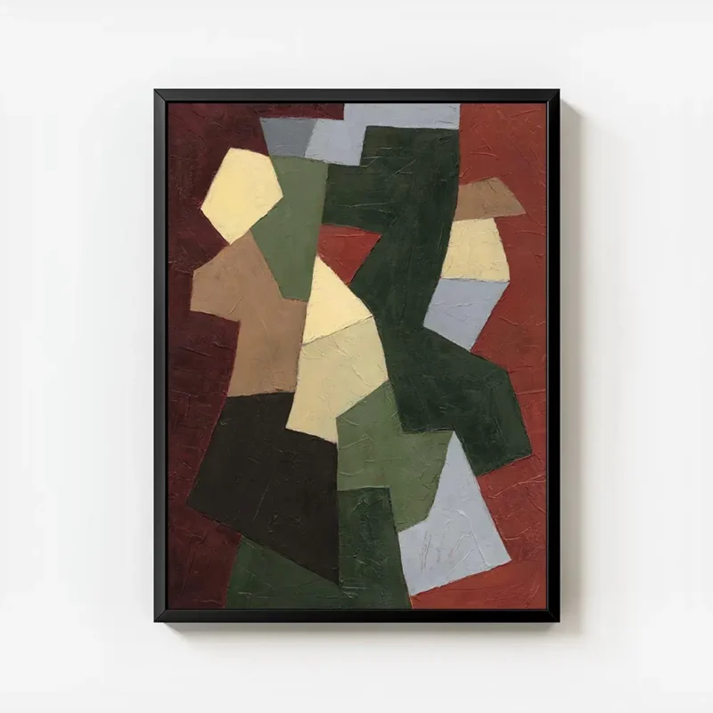 affiche abstraite avec des formes geometriques beige vert marron et gris sur un avec cadre.webp