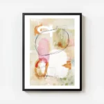 affiche abstraite avec des formes orange rose noir blanc sur fond beige et vert avec cadre.webp