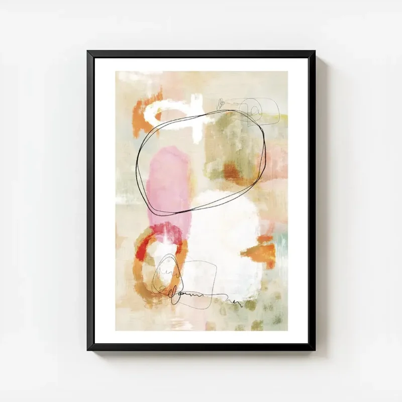 affiche abstraite avec des formes orange rose noir blanc sur fond beige et vert avec cadre.webp