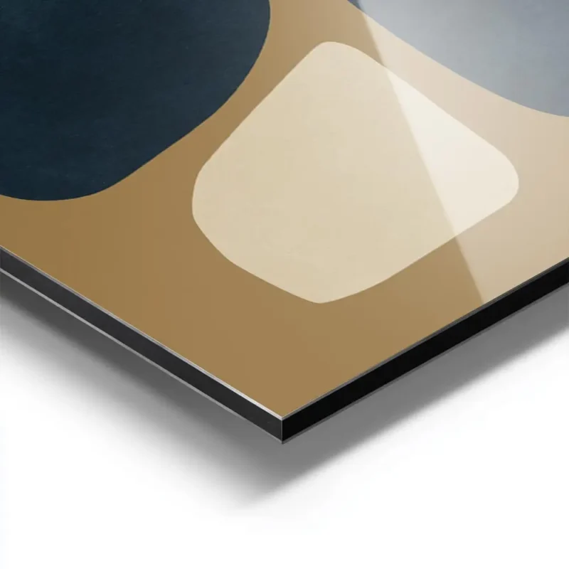 affiche abstraite avec des formes organiques arrondies bleu fonce et beige sur u aluminium.webp