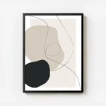 affiche abstraite avec des formes organiques beiges et noires et des lignes fine avec cadre.webp