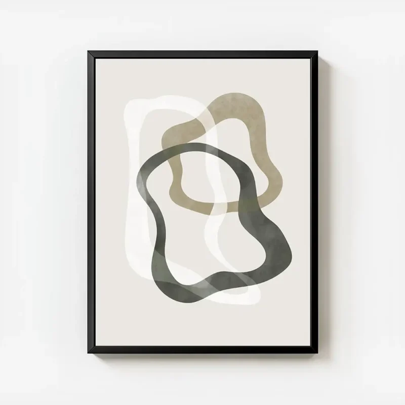 affiche abstraite avec des formes organiques irregulieres en vert beige et blanc avec cadre.webp