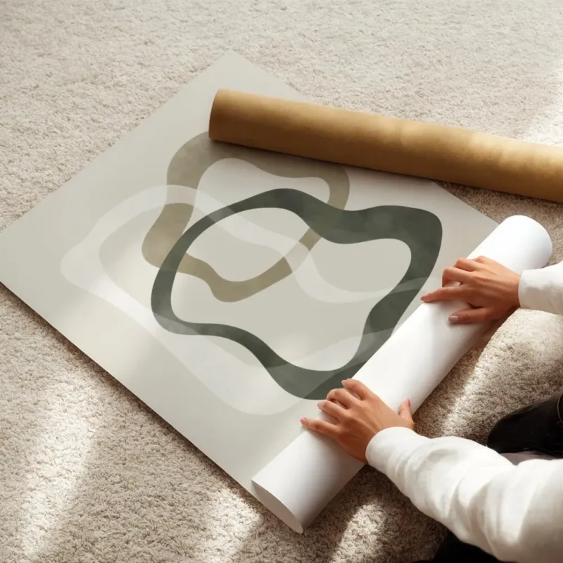affiche abstraite avec des formes organiques irregulieres en vert beige et blanc enroule.webp