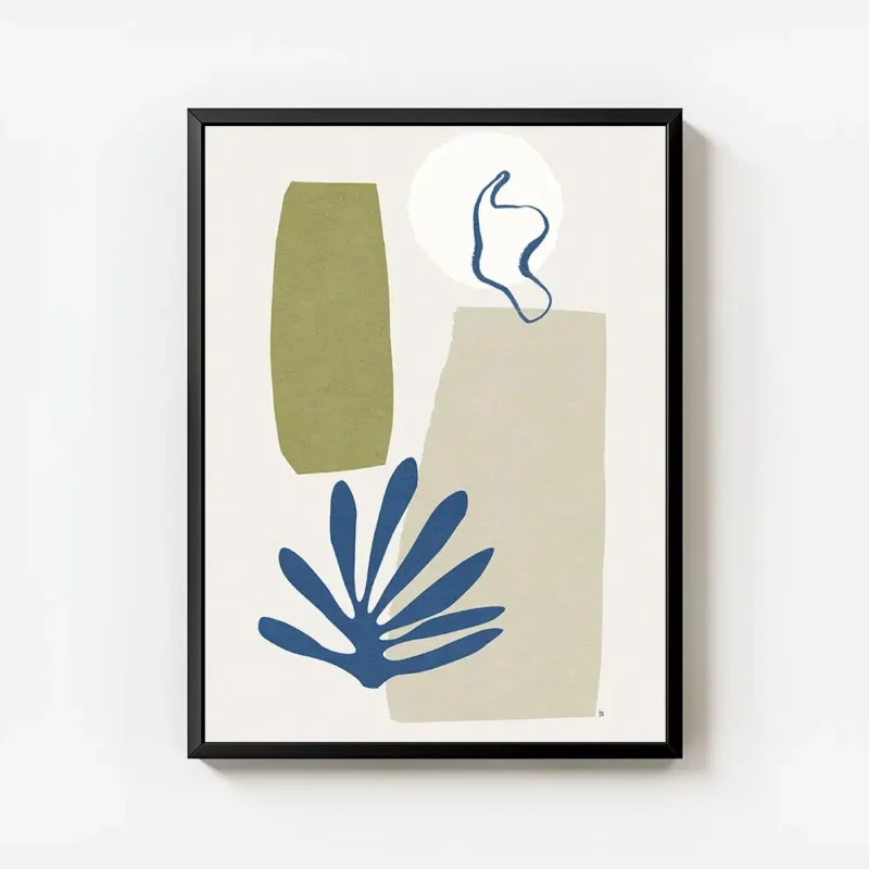 affiche abstraite avec des formes organiques vertes beiges et bleues et des lign avec cadre.webp