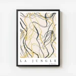 affiche abstraite avec des lignes courbes et des formes de feuilles en noir et j avec cadre.webp