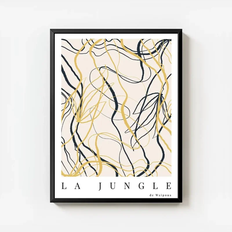 affiche abstraite avec des lignes courbes et des formes de feuilles en noir et j avec cadre.webp