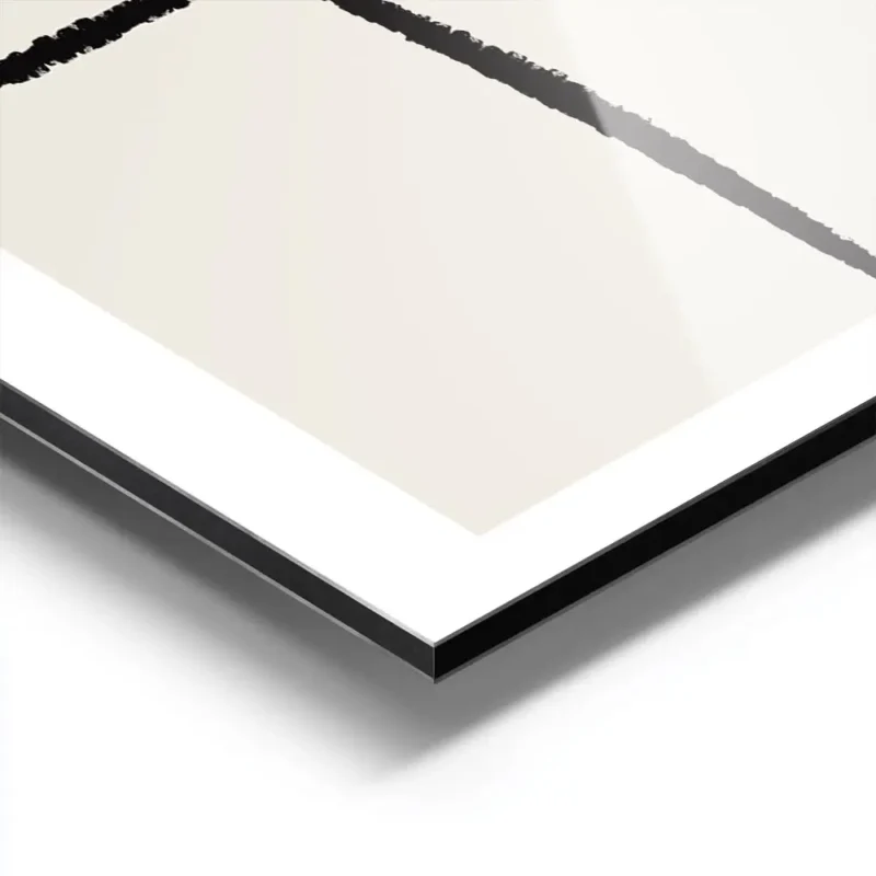 affiche abstraite avec des lignes noires epaisses sur un carre beige clair fond aluminium.webp