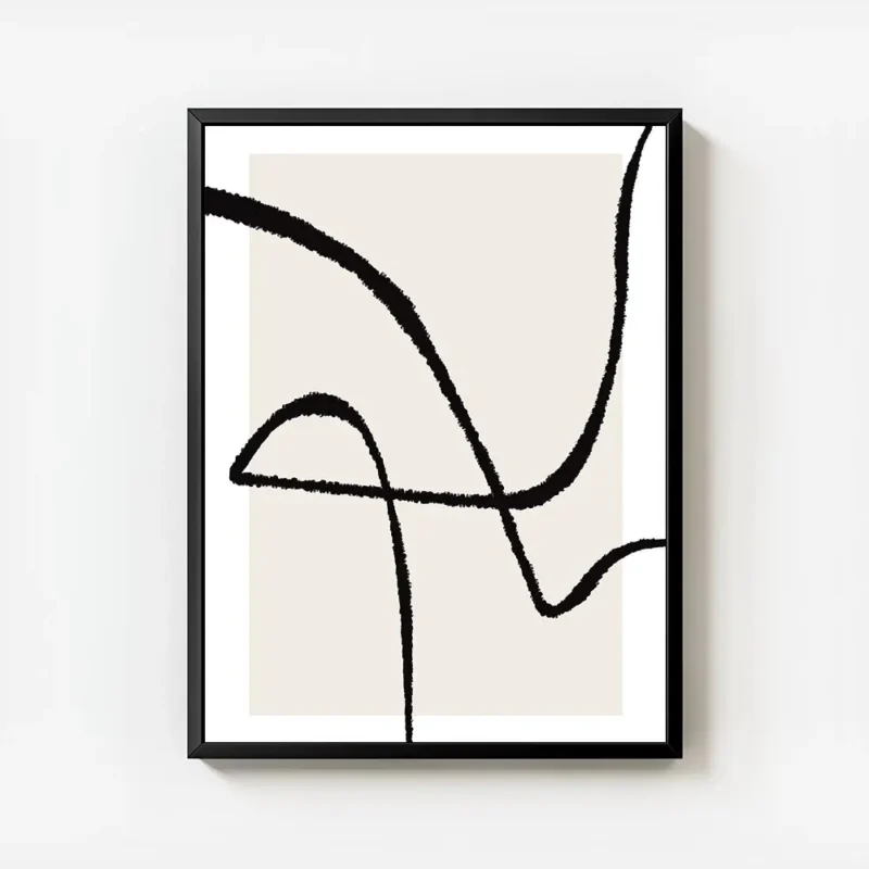 affiche abstraite avec des lignes noires epaisses sur un carre beige clair fond avec cadre.webp