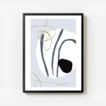 affiche abstraite avec des rayures bleues des formes blanches et noires et des l avec cadre.webp