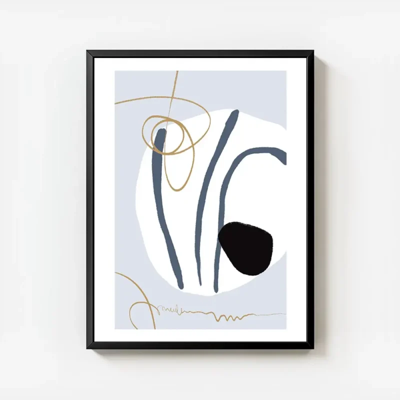 affiche abstraite avec des rayures bleues des formes blanches et noires et des l avec cadre.webp