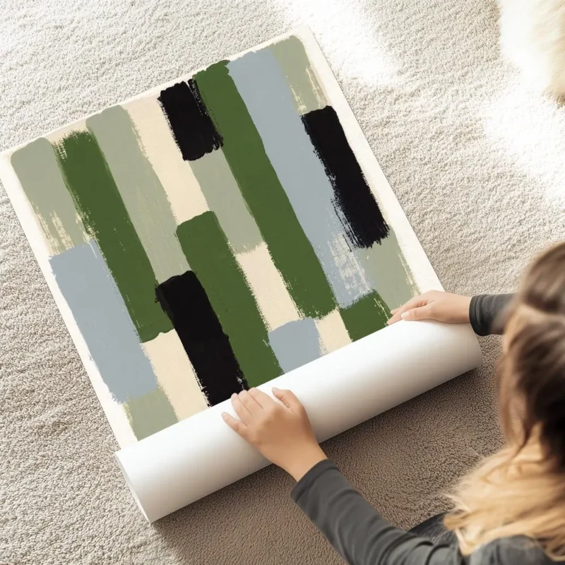 affiche abstraite avec des taches de peinture verticales de differentes couleurs au sol.webp