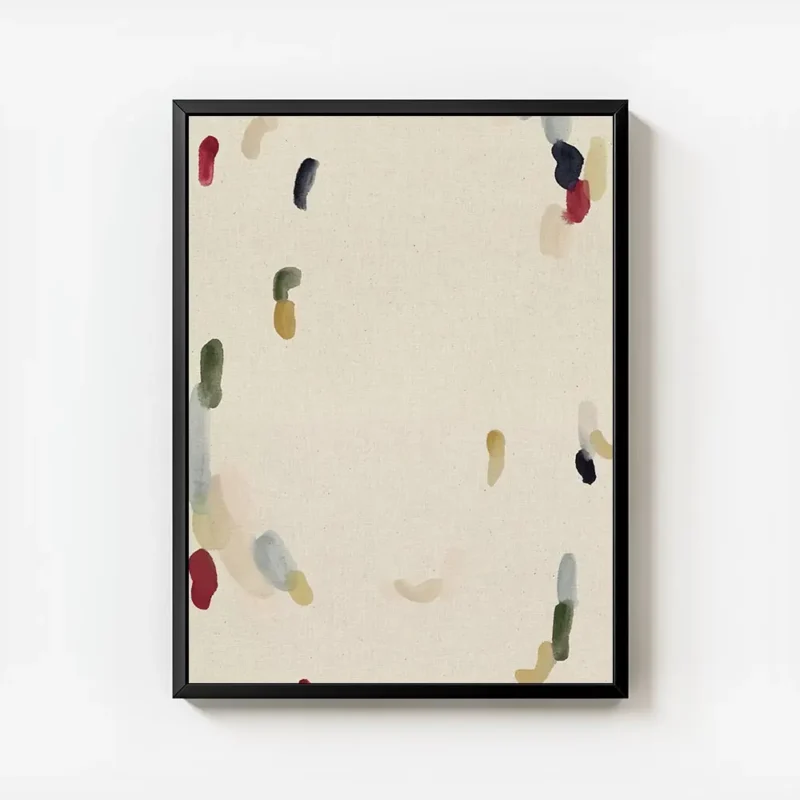 affiche abstraite avec des touches de peinture organiques rouges vertes bleues e avec cadre.webp