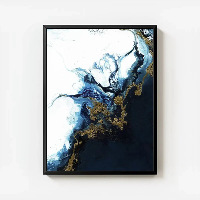 affiche abstraite avec des tourbillons bleus blancs et dores creant une impressi avec cadre.webp