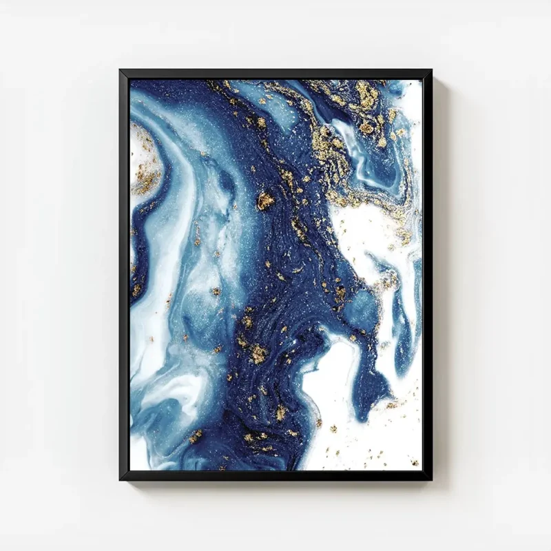affiche abstraite avec des tourbillons de peinture bleue blanche et doree avec cadre.webp